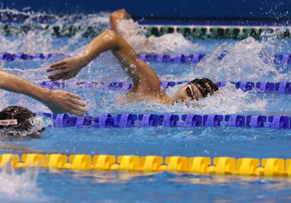 Kim Woo-min of South Korea competes in the heats for the men's 400-meter freestyle at the World Aquatics Championships at Marine Messe Fukuoka Hall A in Fukuoka, Japan, on Sunday. (Yonhap)